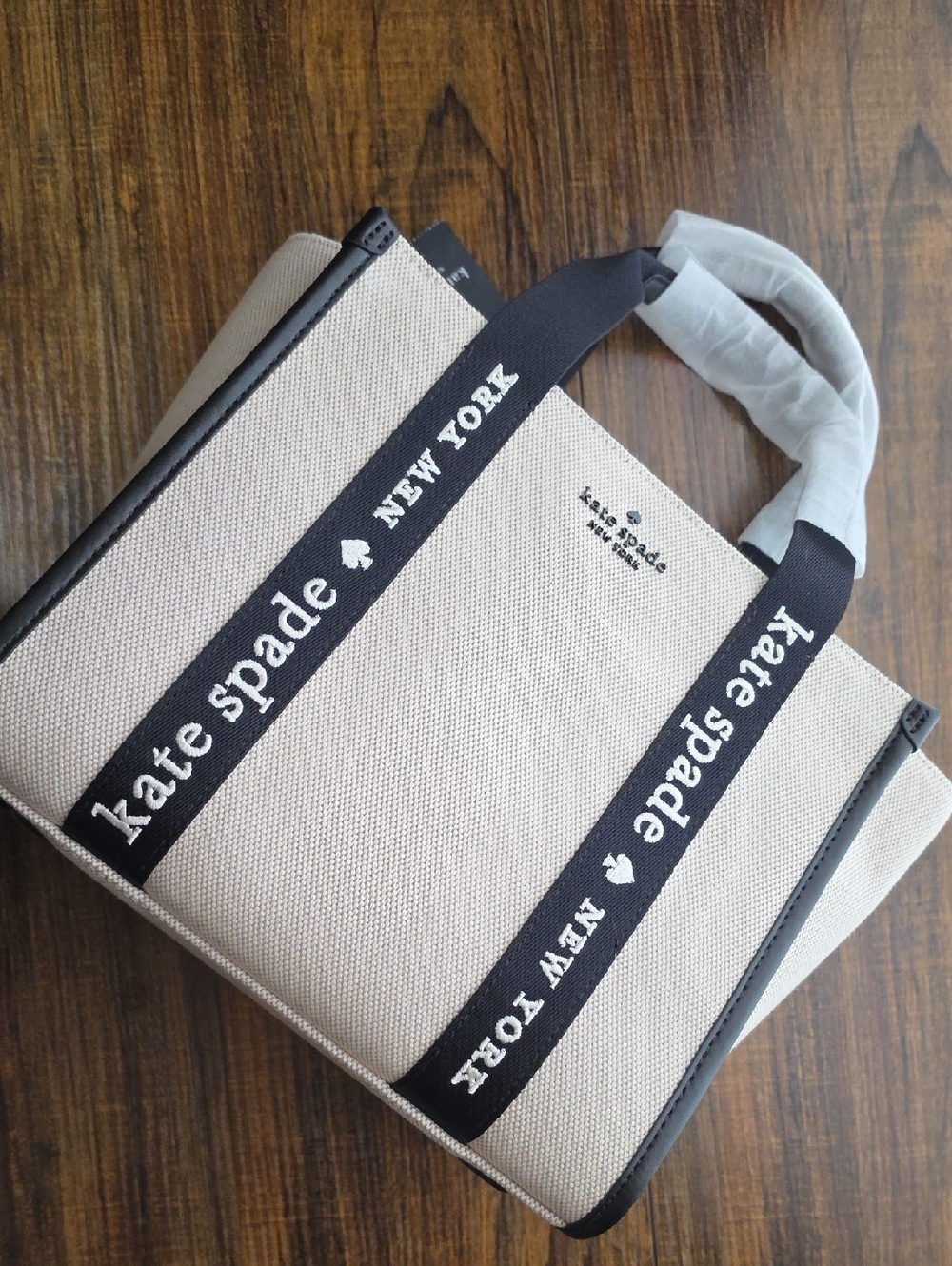 Kate Spade Kip Beige Canvas Small Tote with Black Branded Straps